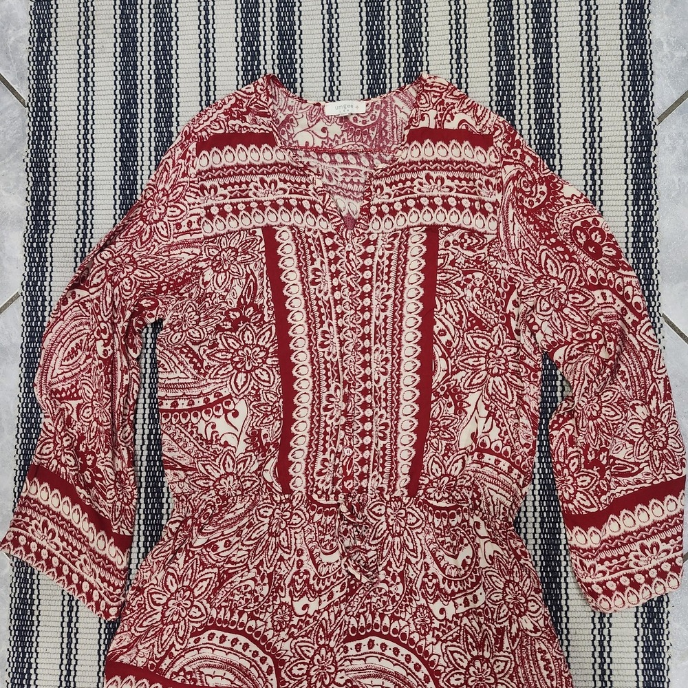 Umgee USA 1XL Red Paisley Boho Romper Long Sleeve Drawstring Shorts - Picture 2 of 9